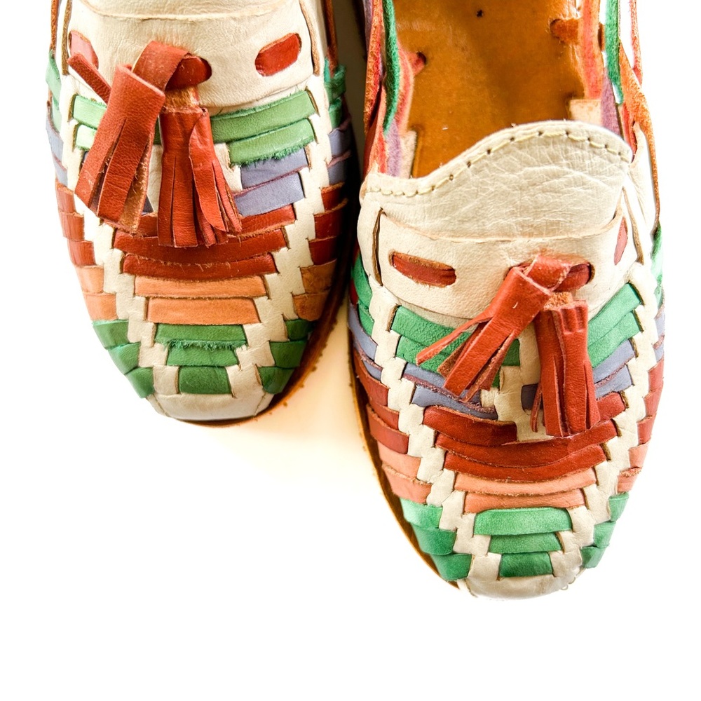 Pastel fringe white huarache Mexican leather sandals with pink/blue/green